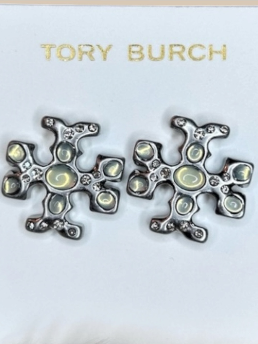 Tory Burch Roxanne Double-T Opaline Crystal Stud Earrings Silver Tone NWT